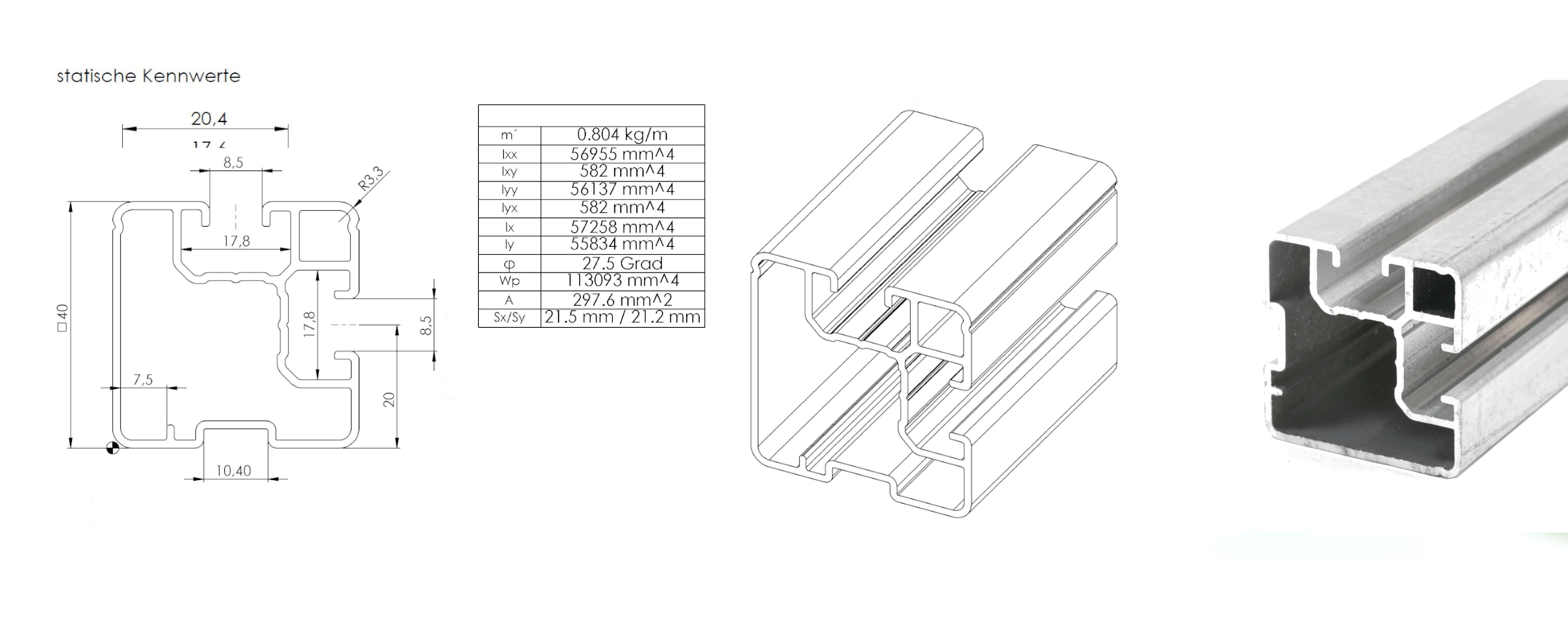Performance Montageschiene 40×40 mm – seitliche Anbindung Aluminium