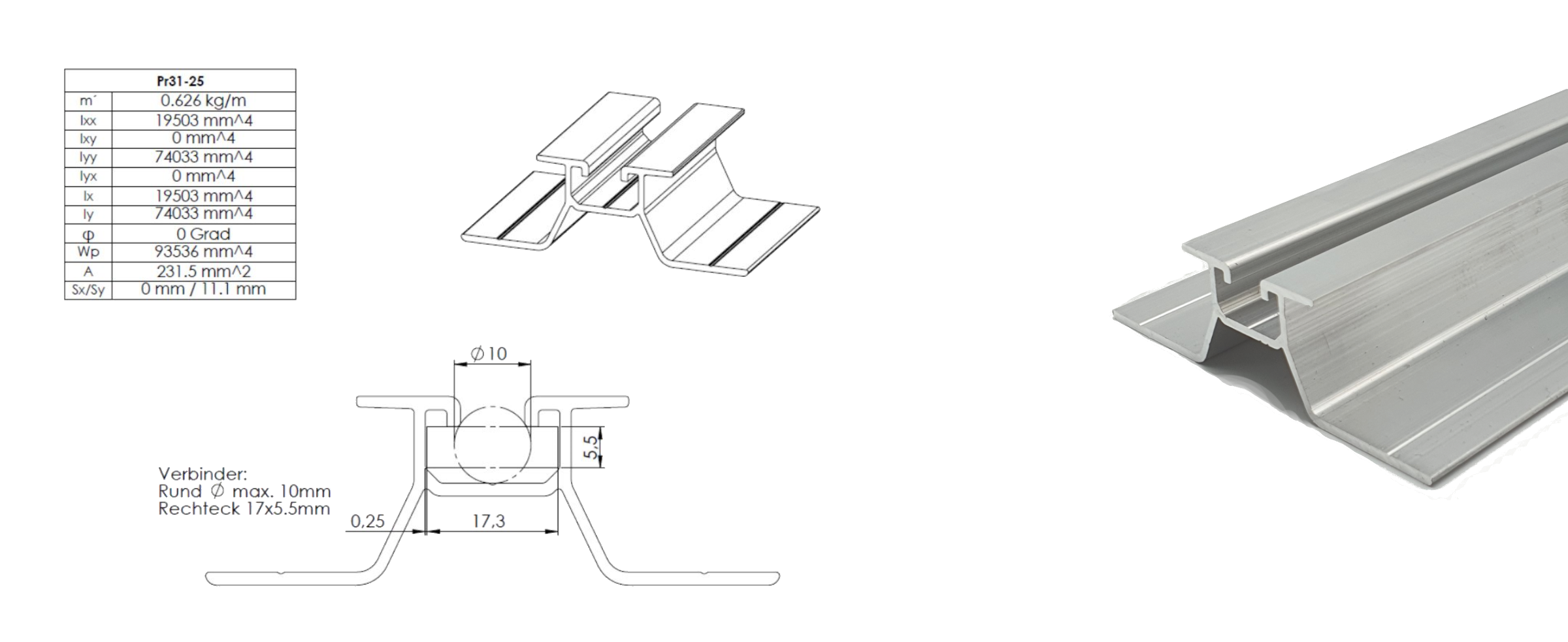 Trapez Montageschiene mittel 25 mm – Aluminium