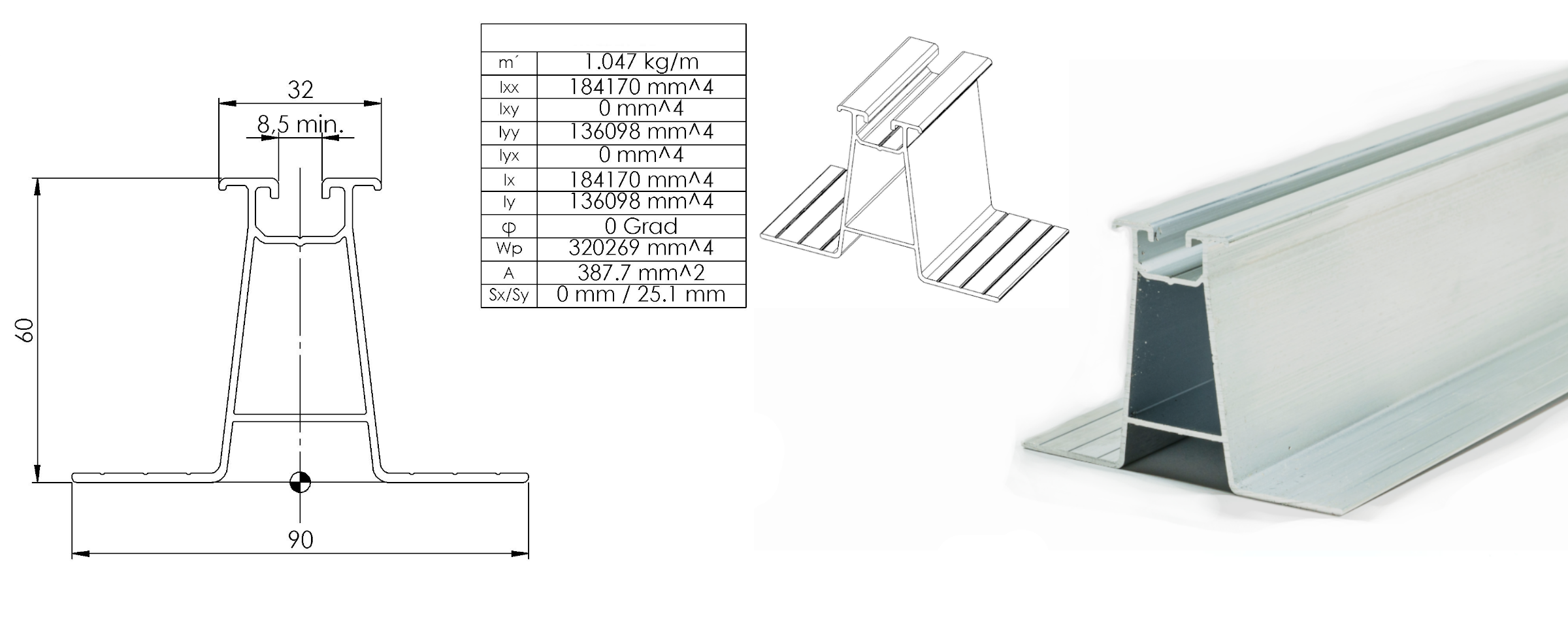 Trapez Montageschiene hoch 60 mm – Aluminium