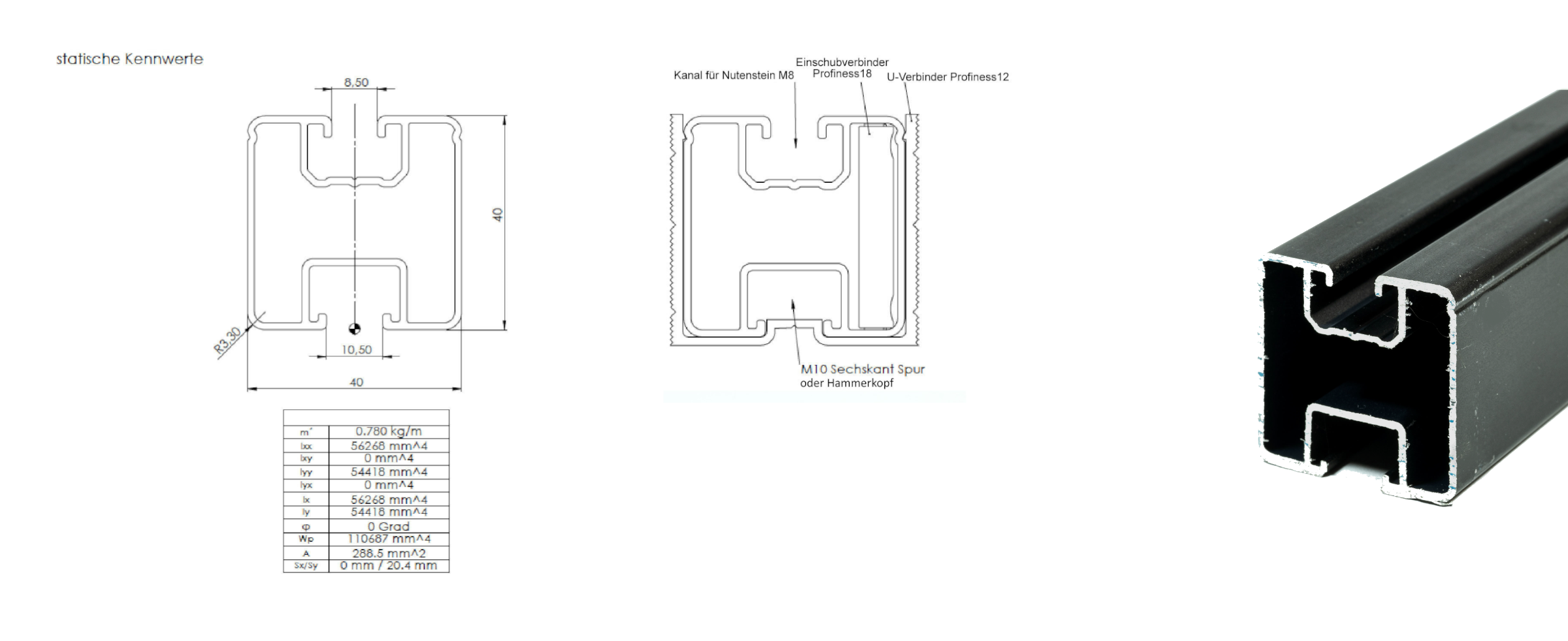 Performance Montageschiene Standard 40×40 mm – Aluminium schwarz